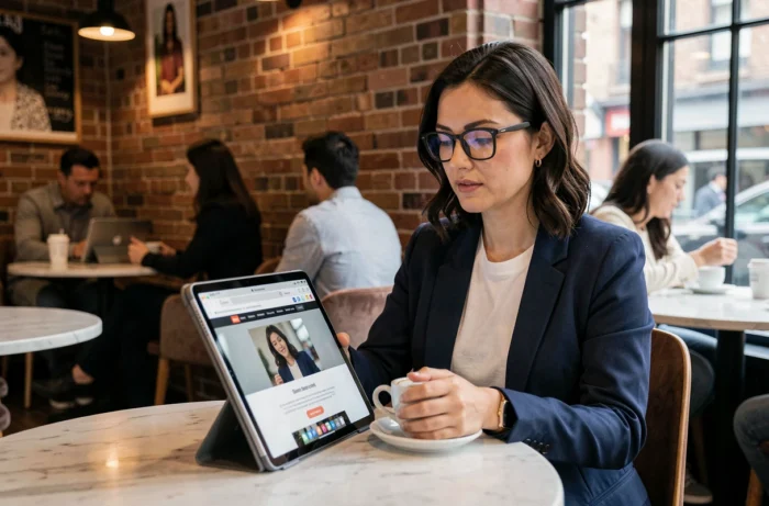 Femme consultant le site Magmoiselle sur une tablette dans un café contemporain