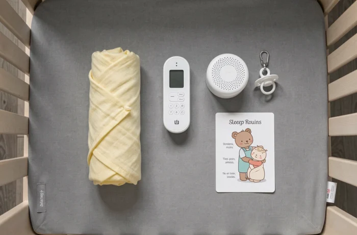 Vue du dessus des accessoires essentiels pour le sommeil de bébé disposés dans un berceau : emmaillotage, babyphone et machine à bruit blanc