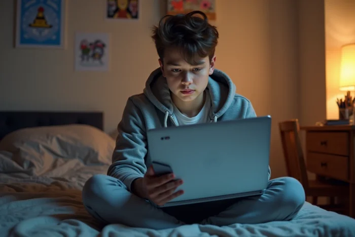 Adolescent dans sa chambre vérifiant une erreur de connexion cloud sur ordinateur et téléphone