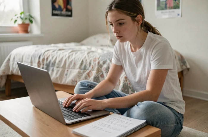 Adolescente concentrée travaillant sur un ordinateur portable et un cahier d'exercices de français posés sur le sol de sa chambre