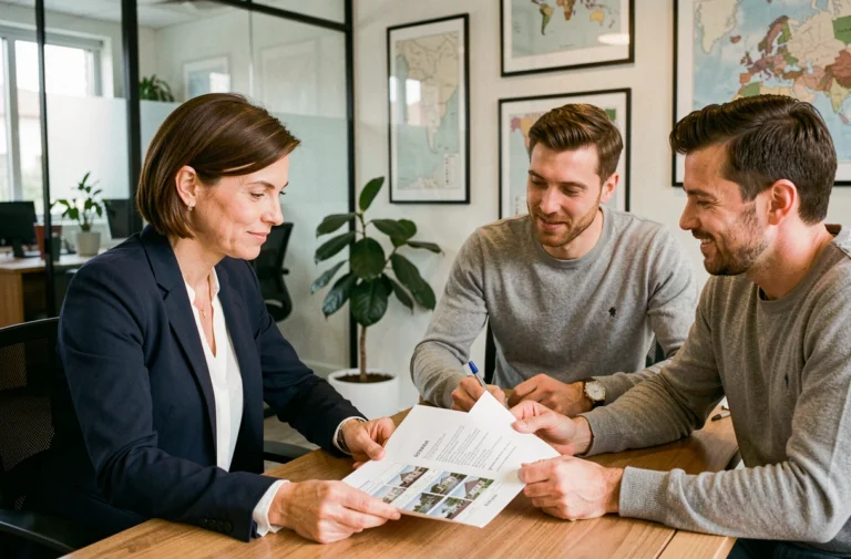 Agent immobilière professionnelle en réunion avec des clients dans une agence moderne, examinant des documents et des annonces immobilières