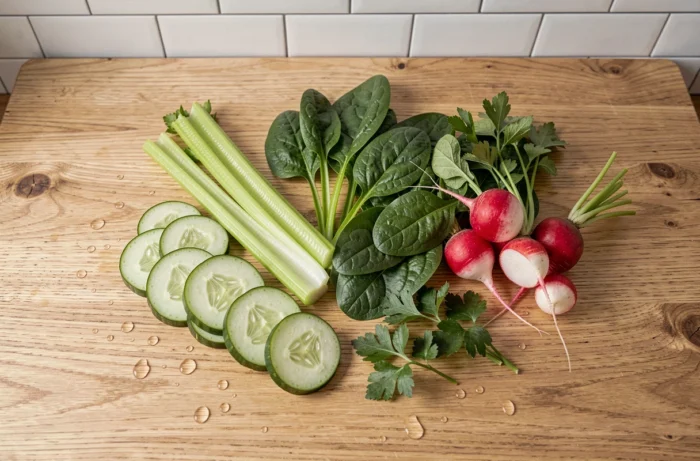 Légumes zéro calorie disposés en flat lay sur un comptoir en bois de cuisine : concombre, céleri, épinards, radis et persil frais