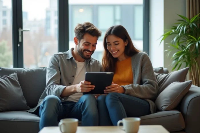 Deux amis explorant ensemble des alternatives francophones sécurisées à Coco Chat sur une tablette