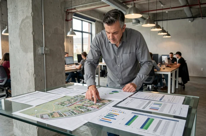 Professionnel de l'immobilier analysant des cartes de marché local sur une grande table dans un espace de coworking