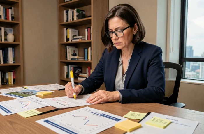Femme analyste immobilière annotant des rapports de marché local dans un bureau moderne avec vue sur la ville