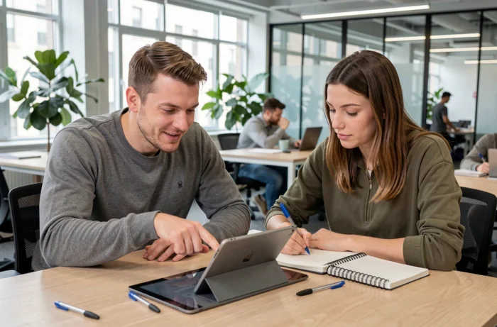 Deux jeunes adultes apprenant ensemble les bases de l'informatique sur une tablette dans un espace de coworking moderne