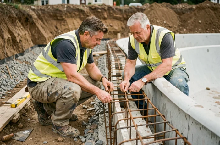 Techniciens inspectant les armatures en acier de la ceinture béton d'une piscine coque sur un chantier résidentiel