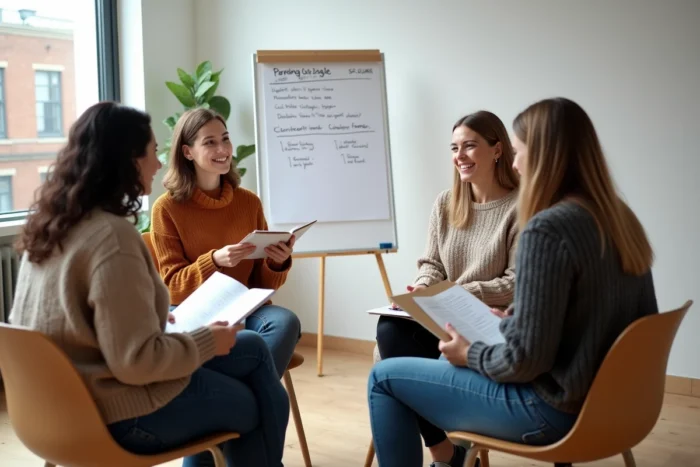 Groupe de participants en formation certifiante de coaching parental lors d'un atelier professionnel en salle