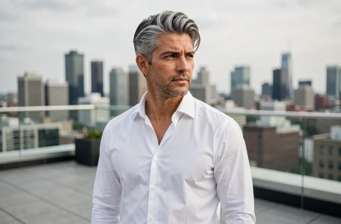 Homme élégant aux cheveux argentés balayage sur une terrasse urbaine moderne avec vue sur la ville en arrière-plan
