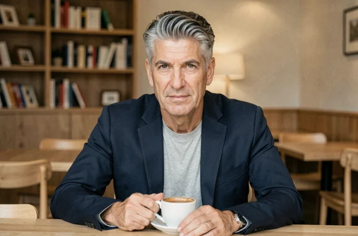 Homme distingué dans la cinquantaine avec un balayage gris sophistiqué, assis dans un café parisien avec un espresso, blazer marine