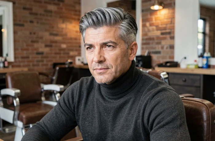 Homme dans la quarantaine avec un balayage gris élégant aux reflets argentés naturels, assis dans un salon de coiffure moderne