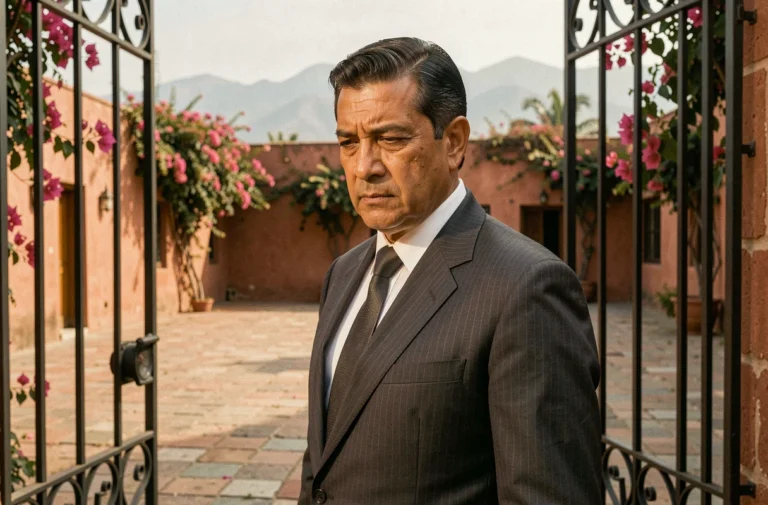 Portrait d'un baron de la drogue mexicain des années 1980 devant une hacienda à Guadalajara, style documentaire réaliste