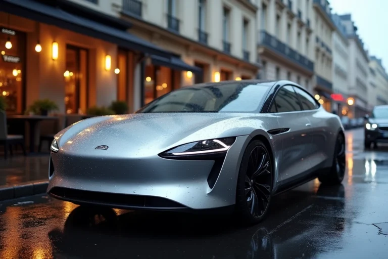 Berline électrique 2024 garée sur une rue parisienne sous la pluie, reflets sur la carrosserie argentée métallique