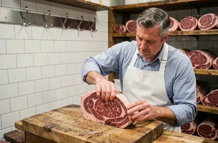 Boucher professionnel examinant une côte de bœuf marbrée sur un billot en bois dans une boucherie traditionnelle, illustrant les critères de qualité USDA Choice et Angus