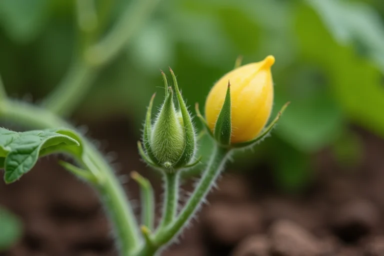 Gros plan sur un bourgeon et une fleur de tomate sur une tige velue dans un potager