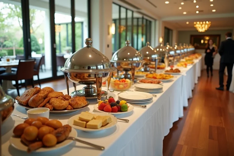 Buffet de petit-déjeuner en pension complète dans un hôtel élégant avec viennoiseries, fruits frais et présentations soignées