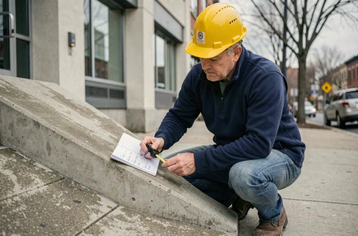 Ingénieur civil mesurant la pente d'une rampe d'accès en béton avec un mètre numérique, calcul de distance et pourcentage de pente