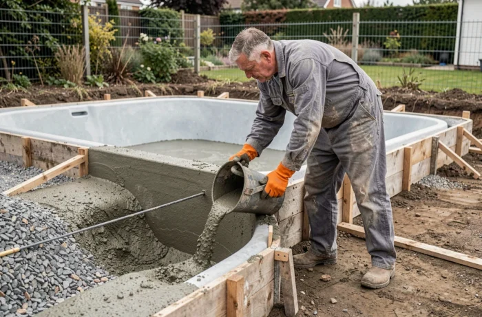 Ouvrier coulant la ceinture béton autour d'une piscine coque en polyester dans un chantier extérieur