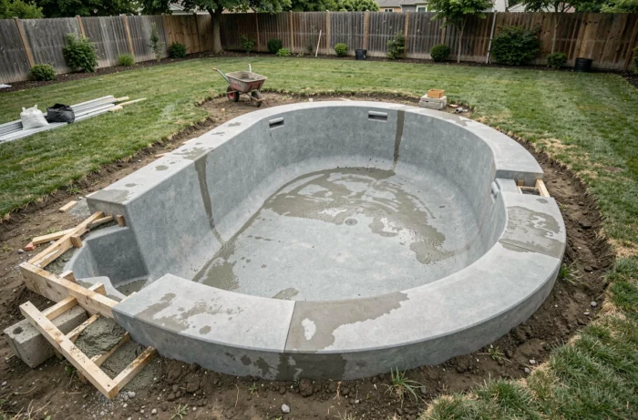 Ceinture béton terminée autour d'une piscine coque polyester dans un jardin résidentiel après décoffrage