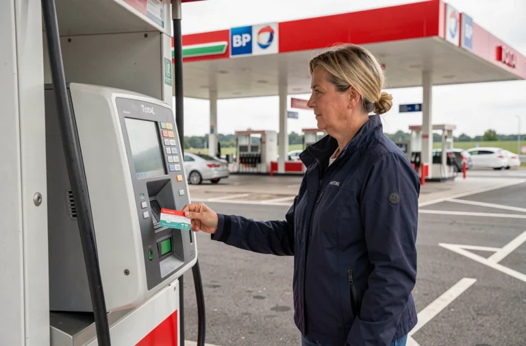 Femme utilisant un chèque vacances à une pompe à essence dans une station-service française