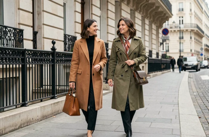 Deux femmes élégantes en manteau camel et trench olive avec accessoires Louis Vuitton dans les rues de Paris