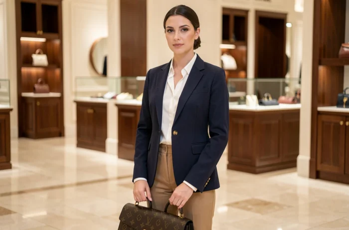 Femme élégante en blazer navy et sac monogramme Louis Vuitton dans une boutique parisienne raffinée