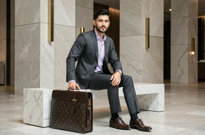 Homme en costume rayé et mallette en cuir adoptant le dress code Louis Vuitton dans un hôtel de luxe