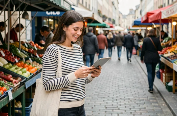 Jeune femme consultant ses messages de collaboration sur une tablette dans un marché de rue français animé pour illustrer le contact avec une créatrice de contenu