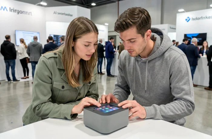 Deux collègues examinant un hub domotique intelligent lors d'un salon technologique, innovations high-tech à ne pas manquer en 2024
