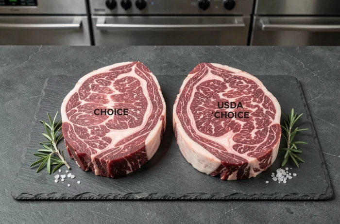 Comparaison côte à côte de deux coupes de bœuf USDA Choice et Angus certifié sur une ardoise noire, montrant les différences de persillage et de qualité