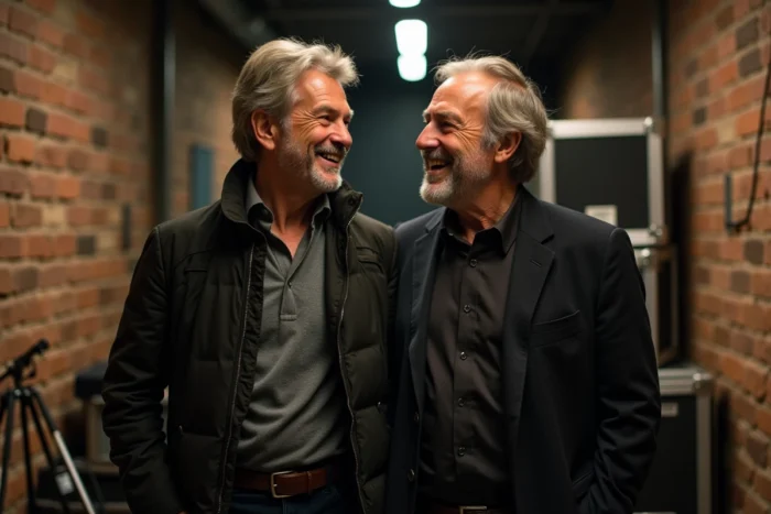 Comparaison de taille entre deux hommes en coulisses illustrant la grande stature de Florent Pagny