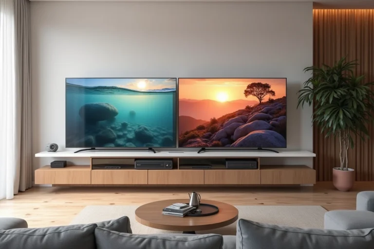 Deux téléviseurs ULED et QLED côte à côte dans un salon moderne pour comparer leurs technologies d'affichage