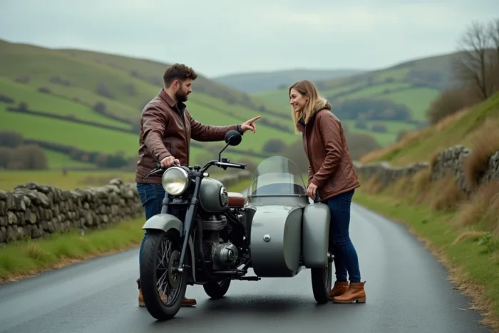 Couple examinant les points de compatibilité et fixation d'un side-car sur une moto en milieu rural