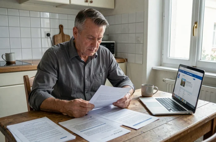 Homme consultant les conditions du RSA 2027 sur son ordinateur portable à son domicile