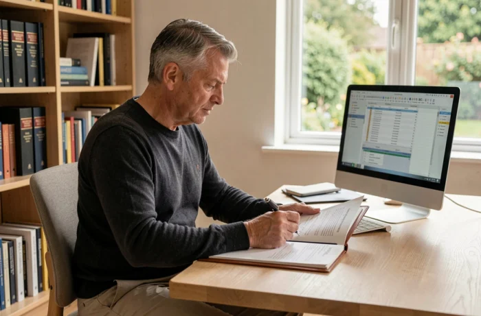 Conseiller immobilier expérimenté analysant des dossiers de propriétés dans un bureau à domicile organisé et professionnel