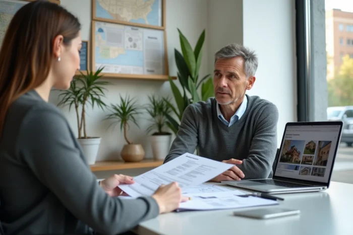Consultation entre un client et un conseiller immobilier dans une agence moderne