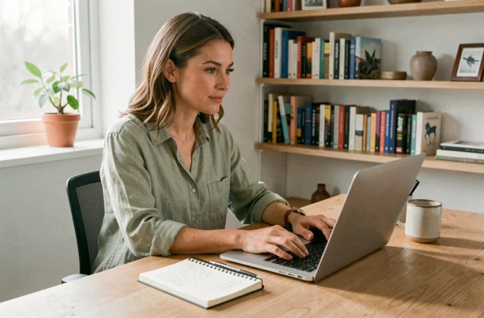 Femme blogueuse assise à son bureau tapant un email de contact sur son ordinateur portable dans un espace de travail créatif à domicile
