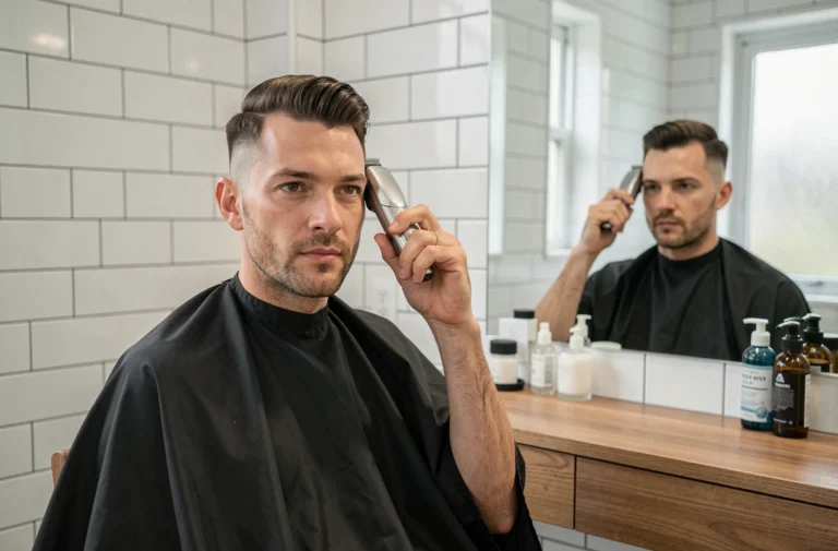 Homme se coupant les cheveux en dégradé à blanc avec une tondeuse devant un miroir de salle de bain