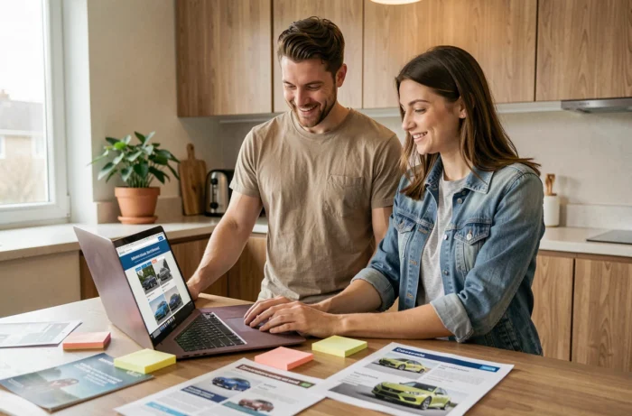 Couple comparant des modèles de voitures sur ordinateur portable avec des brochures automobiles étalées sur une table de cuisine