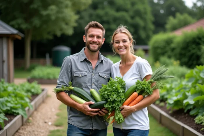 Couple tenant la récolte de leur potager autosuffisant conçu pour nourrir deux personnes toute l'année