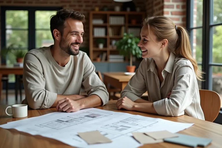 Couple étudiant des plans architecturaux pour un projet immobilier dans un appartement chaleureux
