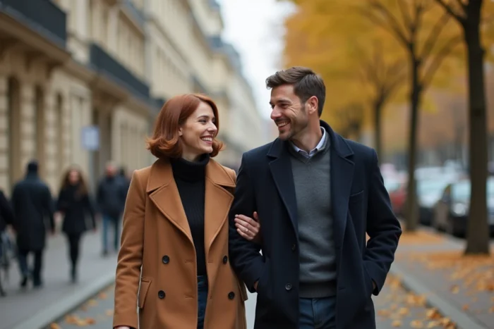 Couple se promenant sur un boulevard parisien en automne, illustrant la vie de couple épanouie et la complicité