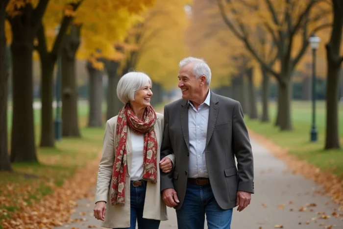 Couple de sexagénaires se promenant complices dans un parc en automne, illustrant la séduction et la rencontre après 60 ans