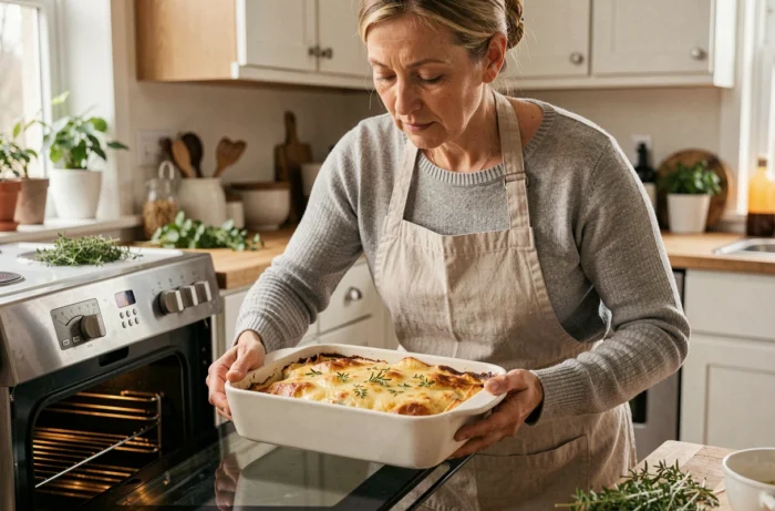 Femme enfournant un gratin dans un four domestique réglé à thermostat doux, cuisine chaleureuse en bois