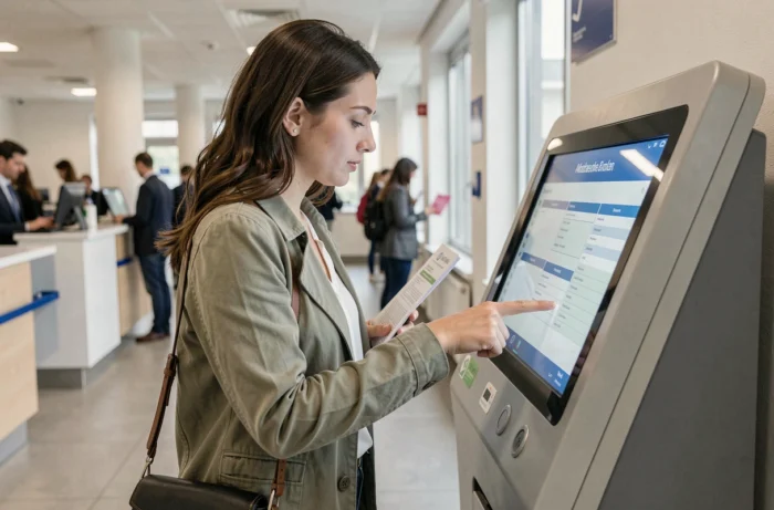 Femme effectuant ses démarches RSA sur une borne numérique dans un espace France Services