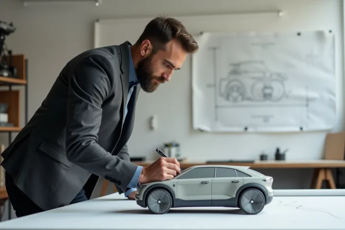 Designer automobile masculin travaillant sur un modèle réduit de SUV futuriste dans un studio de conception moderne