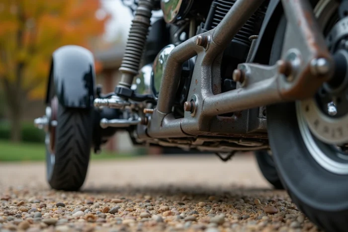 Détail des fixations et boulonnerie reliant le châssis d'un side-car au cadre d'une moto