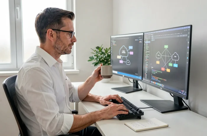 Développeur ou DSI travaillant seul sur une architecture cloud dans un bureau à domicile épuré, symbolisant la digitalisation des processus