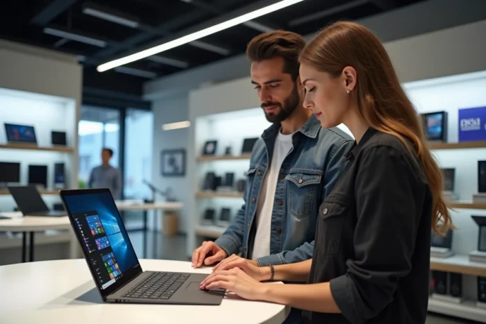 Deux personnes découvrant Windows 12 sur un ordinateur portable en démonstration dans un magasin de technologie