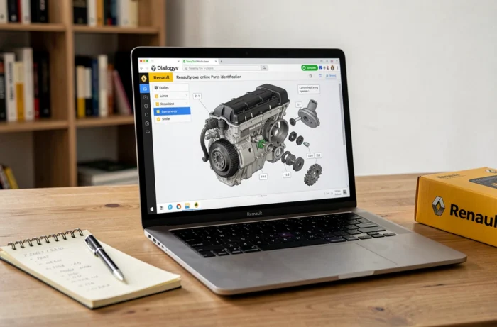Écran d'ordinateur portable affichant l'interface Dialogys Renault en ligne avec schéma éclaté de pièces détachées et carnet de notes sur un bureau en bois